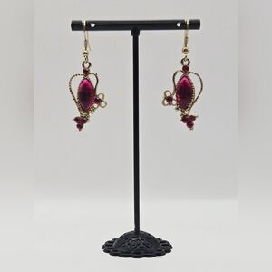 Vintage Style Fuchsia Crystal Dangle Earrings Gold Filigree Design